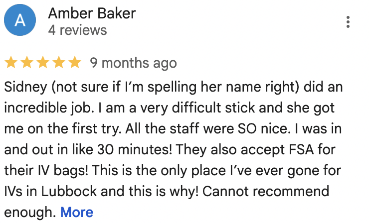 Amber Baker's 5-star review about Sidney's incredible IV skills